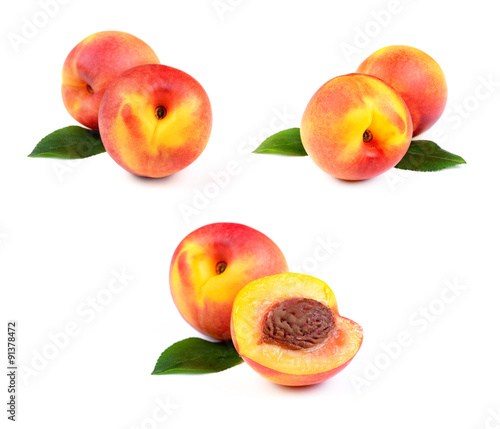 Set of Fresh Peach Fruits with Green Leaf Isolated on White Back