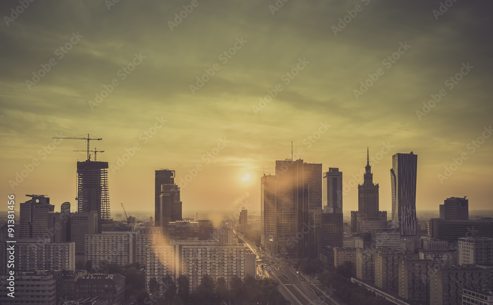 Warsaw Downtown Sunrise aerial view