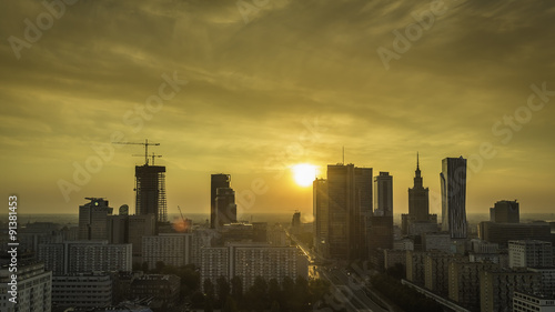 Warsaw Downtown Sunrise aerial view