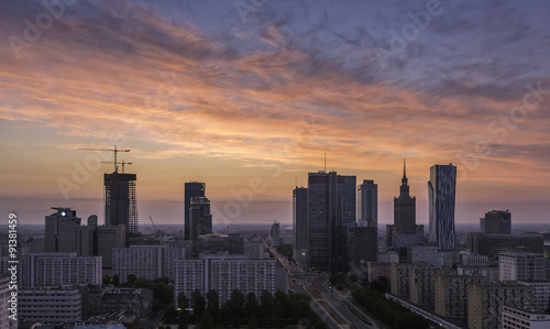 Fototapeta Naklejka Na Ścianę i Meble -  Warsaw Downtown Sunrise aerial view