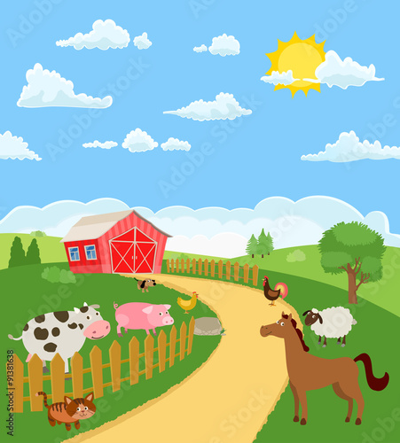 farm animals and items and a farm house. vector