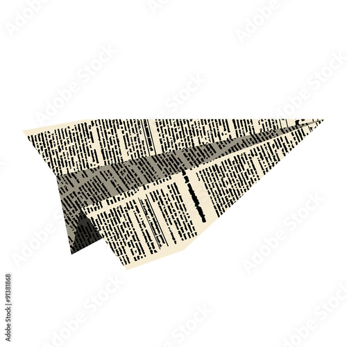 Paper plane. Aircraft from newspaper on  white background. Vecto