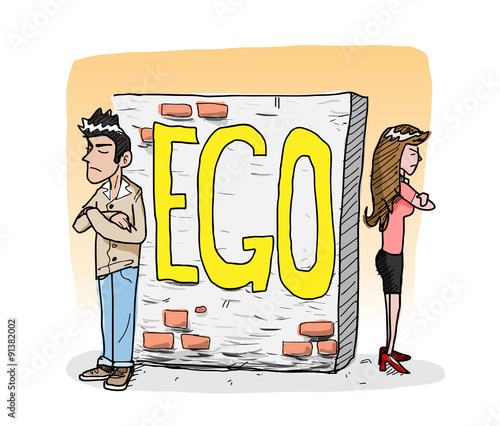 Ego, a hand drawn vector illustration of a man and a woman avoid each other because of the ego, it creates a wall that shuts away people from them (editable).