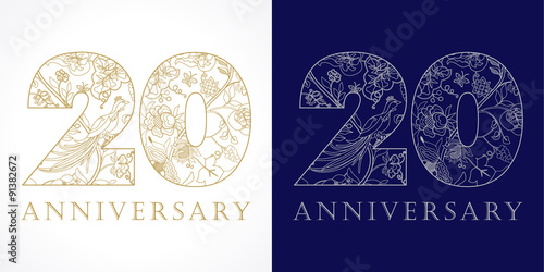 20 anniversary vintage logo. Template logo 20th anniversary in ethnic patterns and birds of paradise. 