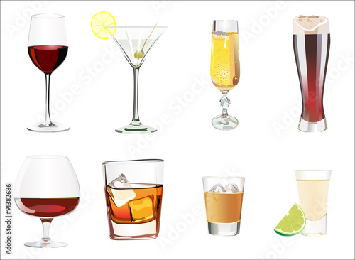 Set of different alcoholic cocktails isolated on white background