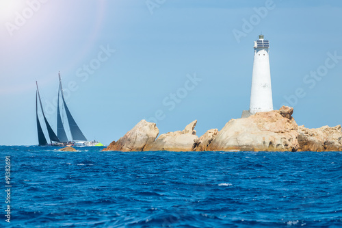 sailing in Sardinia, Monaci island lighthouse, Italy