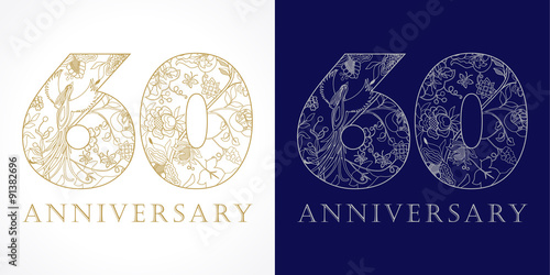 60 anniversary vintage logo. Template logo 60th anniversary in ethnic patterns and birds of paradise.