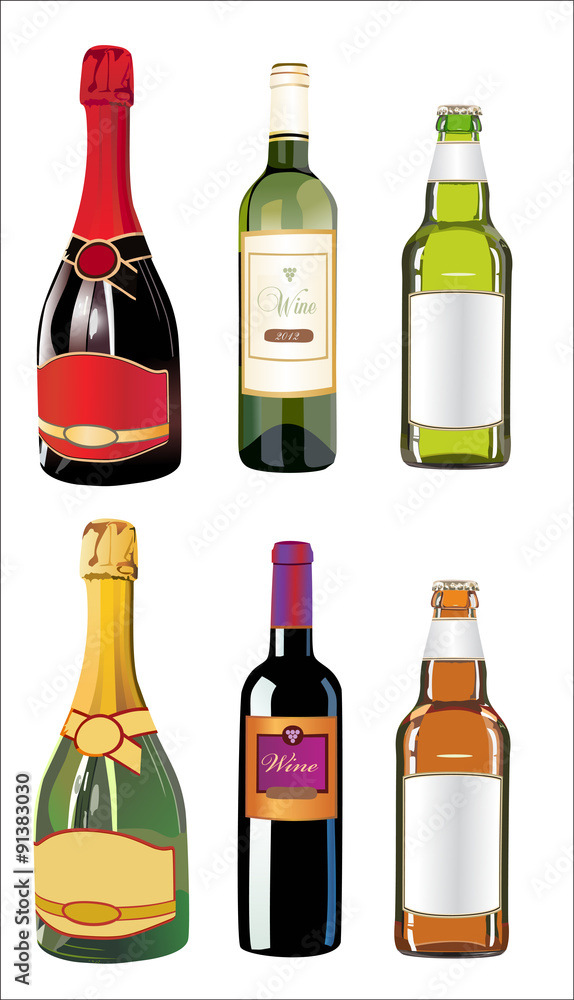 Set of different drinks and bottles on the wall. Vector illustration. Set of different drinks and bottles on the wall. Vector illustration.
