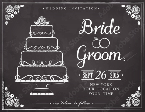Wedding invitation vintage card. Wedding cake. Freehand drawing on the chalkboard