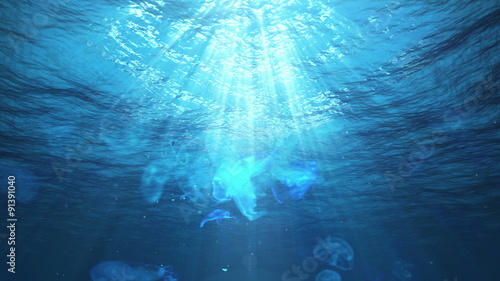 Underwater Sun Rays in the Ocean and Jellyfish (Loop)