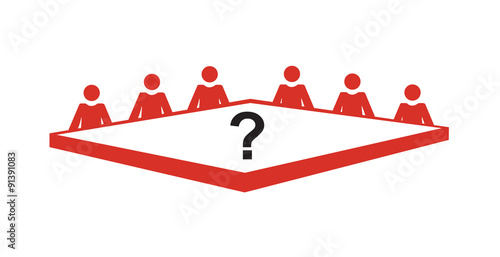 Flat vector image of people around a conference table with a question mark in the middle