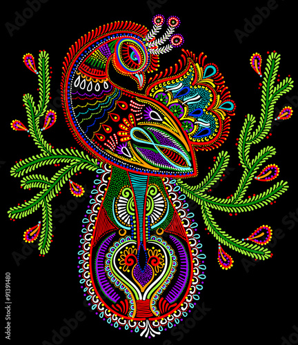ethnic folk art of peacock bird with flowering branch design,