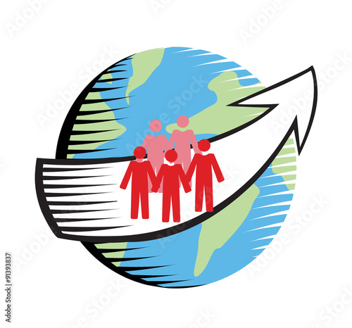 Vector image of people on a globe with an arrow indicating travel, immigration, working abroad, displacement 