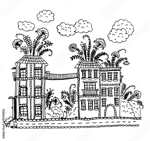 Street from houses with funny colors on a rooftop, bridge and garden sketch Doodle Vector Illustration