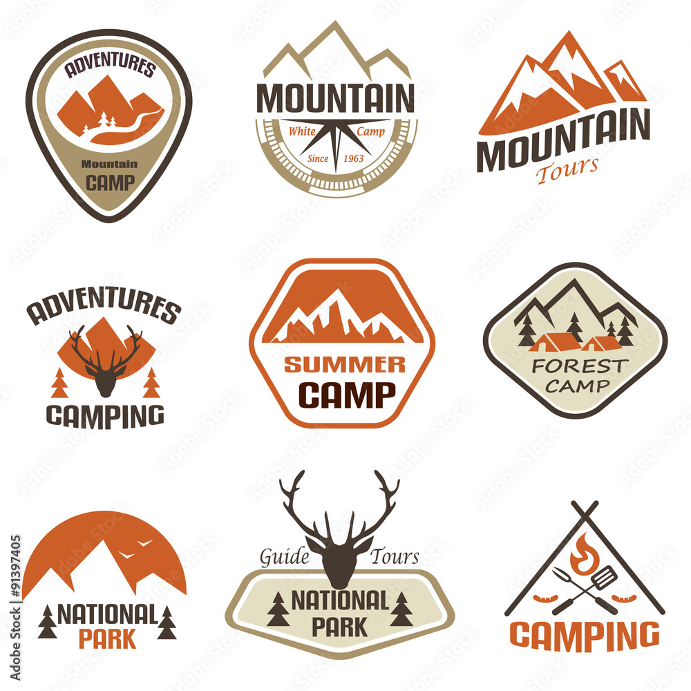 set of mountain and travel retro emblems and labels set of mountain and travel retro emblems and labels