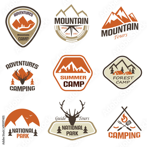 set of mountain and travel retro emblems and labels