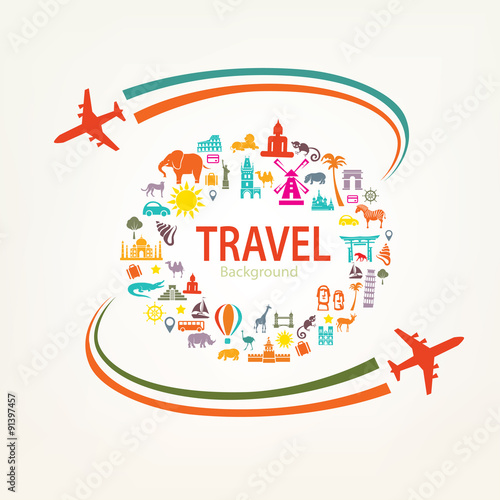 world travel, landmarks silhouettes icons set