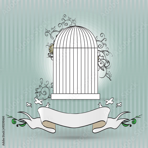 vintage birdcage with ribbon for text vector