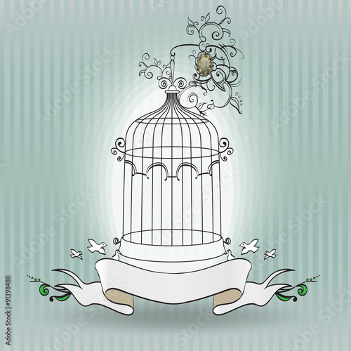 vintage birdcage with ribbon for text vector
