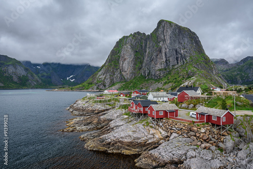 Traditional red rorbu cottages  in Hamnoy village, Lofoten islands, Norway #91399028