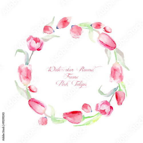 Round frame of of watercolor pink tulips.