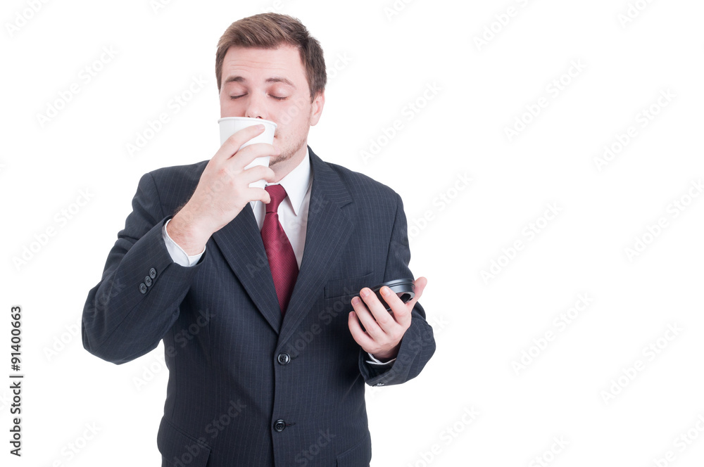 Businessman enjoying a coffee break with fresh smell Businessman enjoying a coffee break with fresh smell