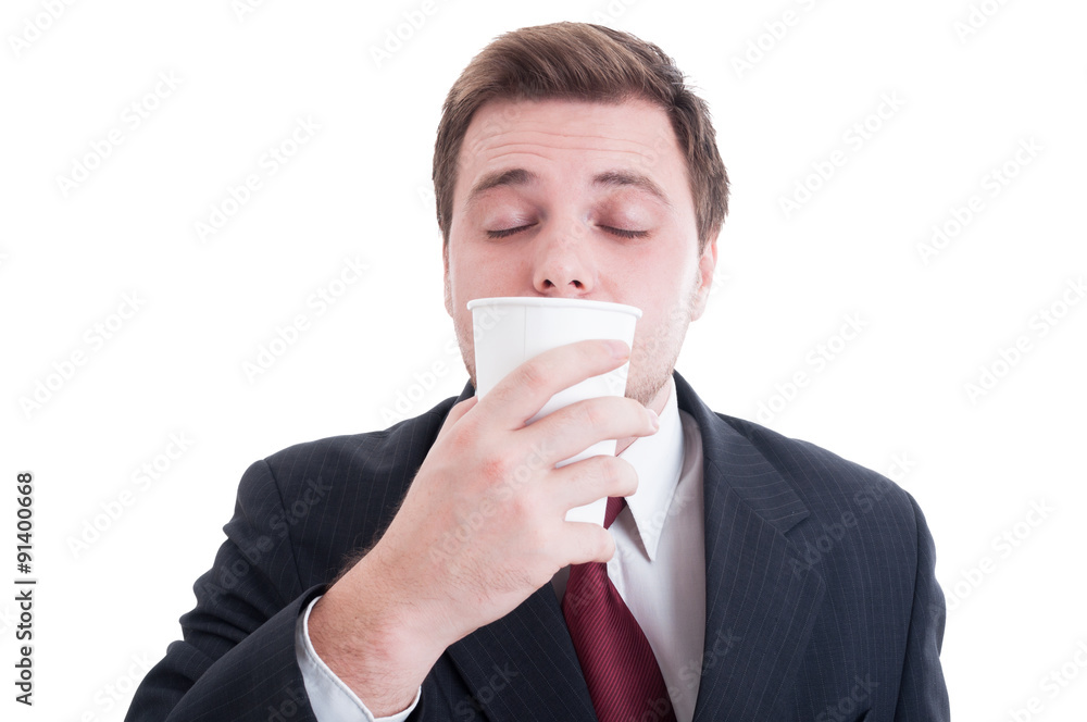Financial manager smelling fresh coffee from a paper cup Financial manager smelling fresh coffee from a paper cup