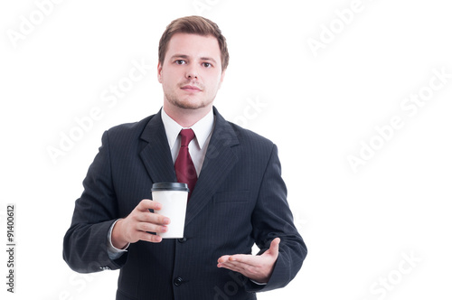 Elegant businessman advertising coffee to go