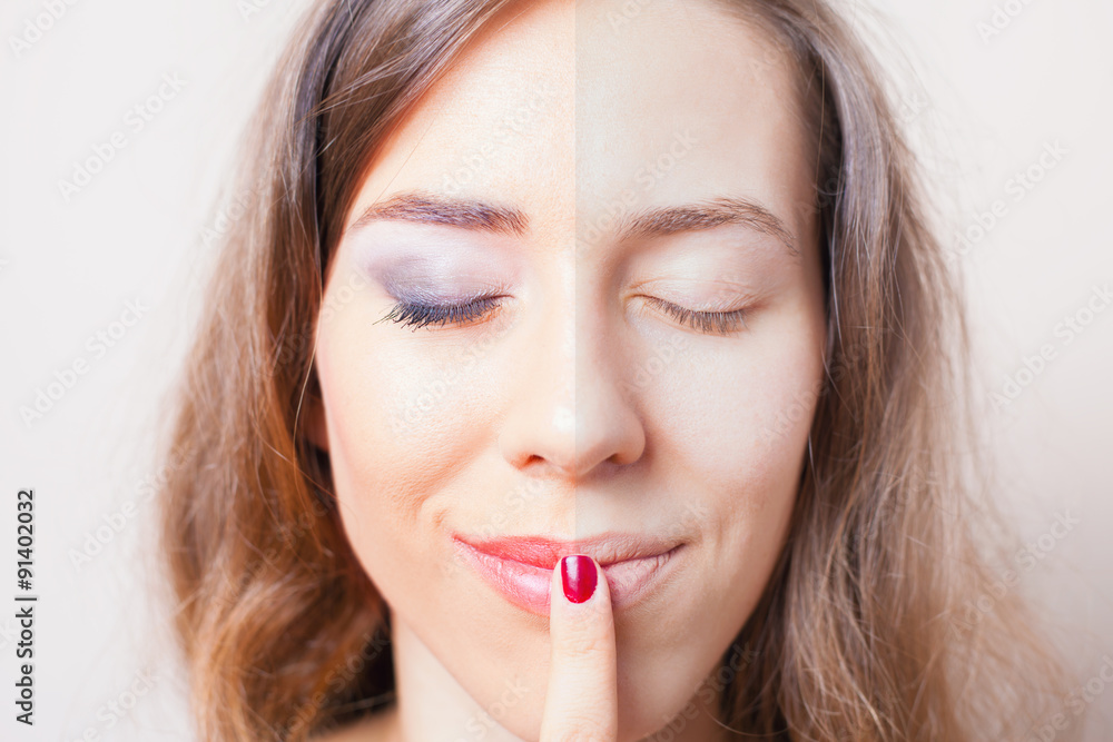 Half face women's makeup before and after processing Half face women's makeup before and after processing