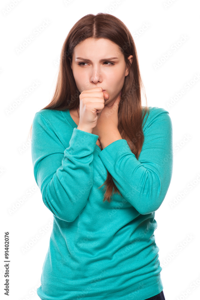 portrait of an young woman coughing with fist portrait of an young woman coughing with fist