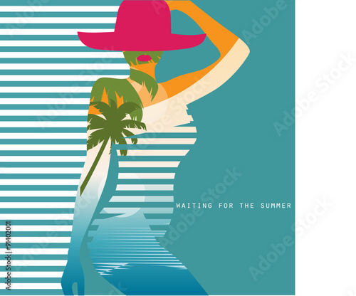Vector double exposure illustration. Woman in swimsuit