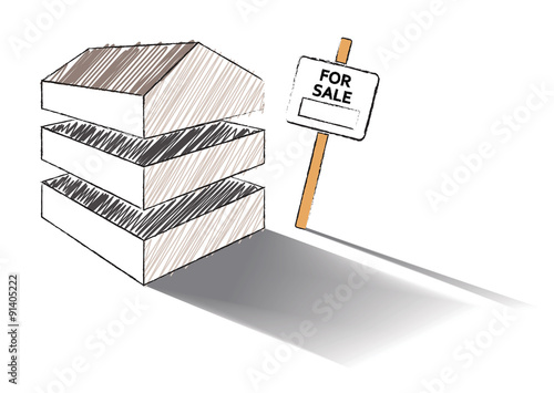 Vector sketch of a house split into three with a for sale sign