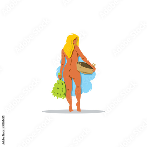 Girl is steamed in the sauna with birch broom and basin. Vector Illustration.