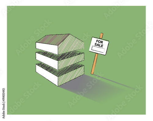 Vector sketch of a house split into three with a for sale sign