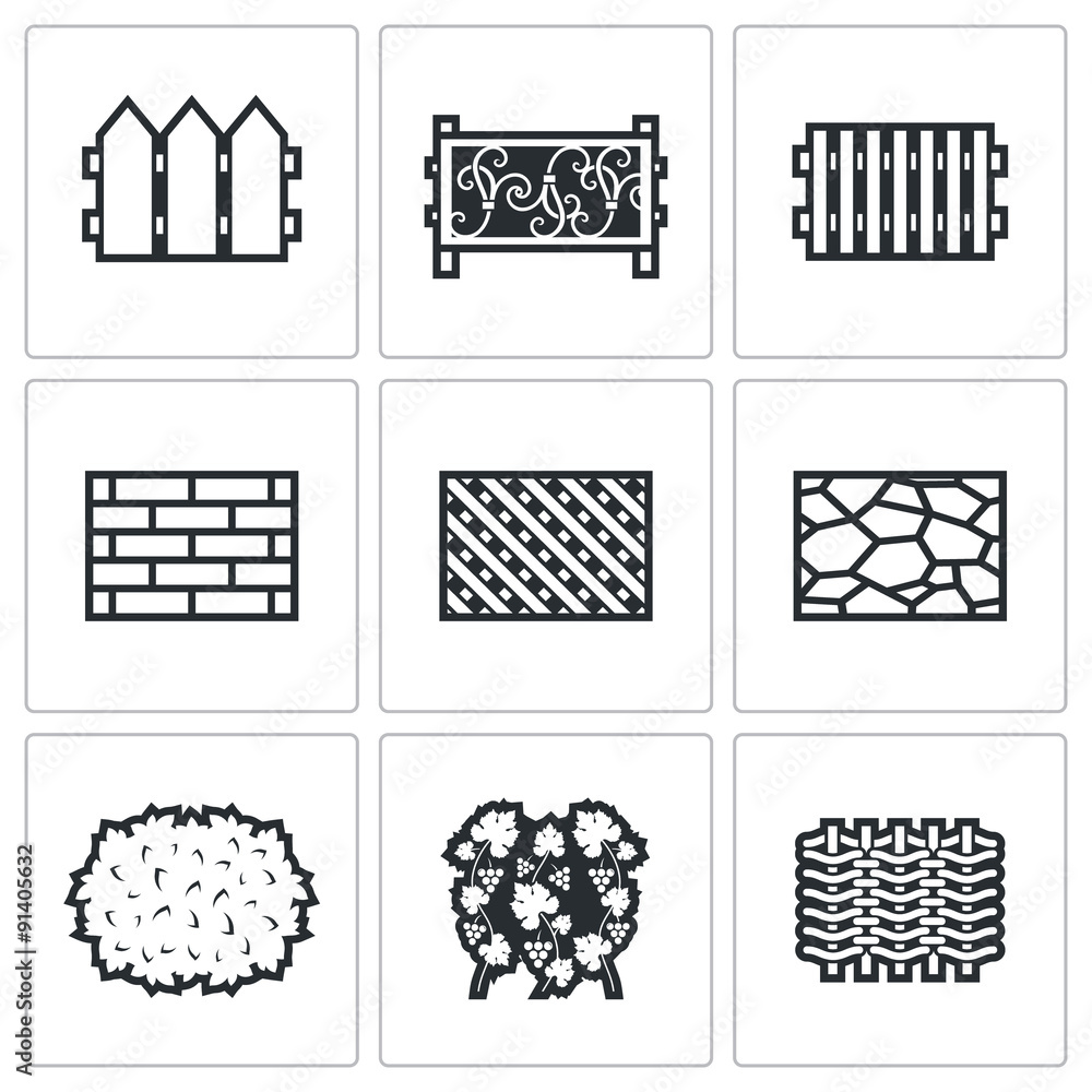 Collection of fences from different materials icons set. Vector Illustration. Collection of fences from different materials icons set. Vector Illustration.