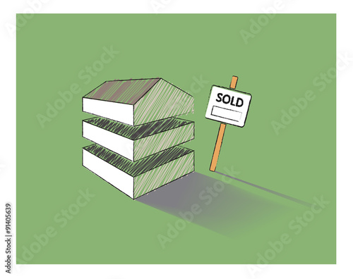 Vector sketch of a house split into three with a sold sign