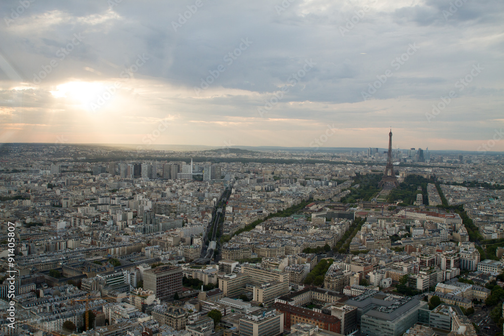 Twilight aerial view of Paris, France from Montparnasse Tower.