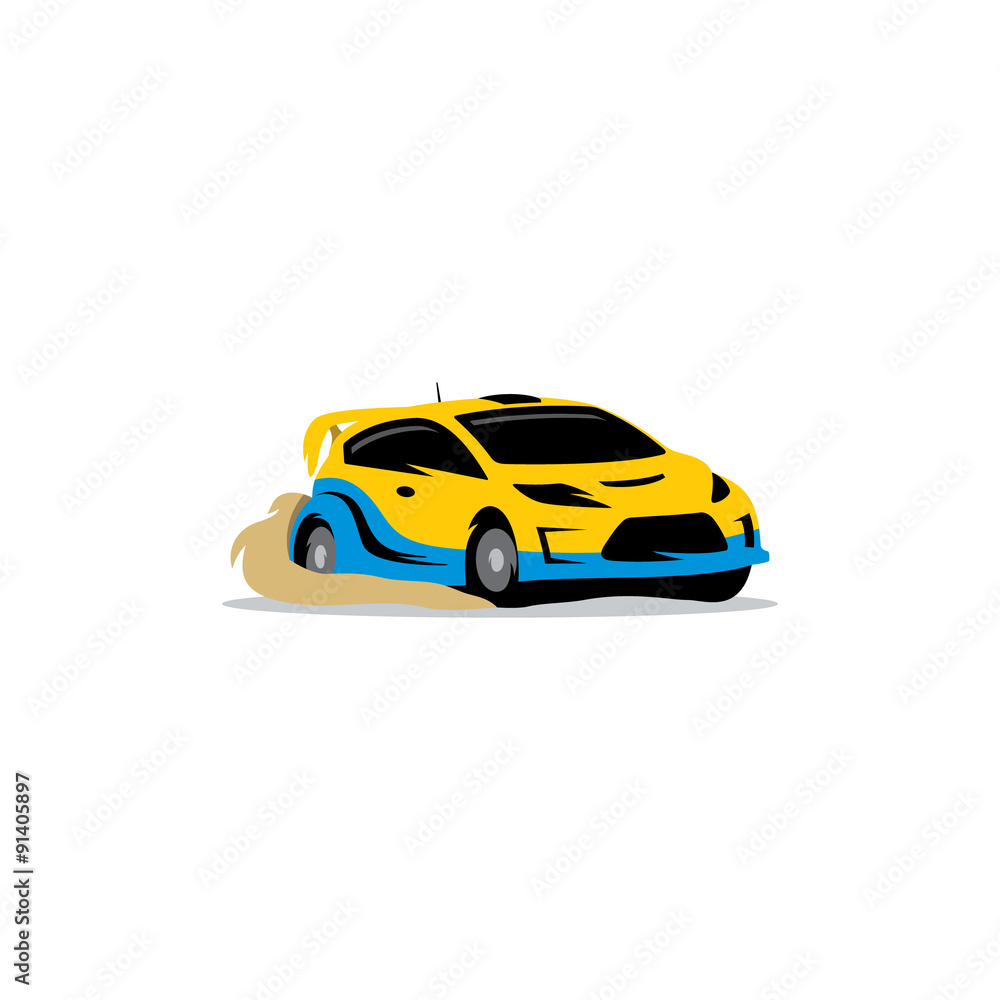 Rally sign. The racing car in the dust. Vector Illustration.