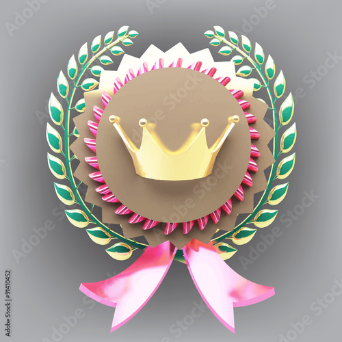 gold medal with a crown and pink ribbons and a laurel wreath insignia vector