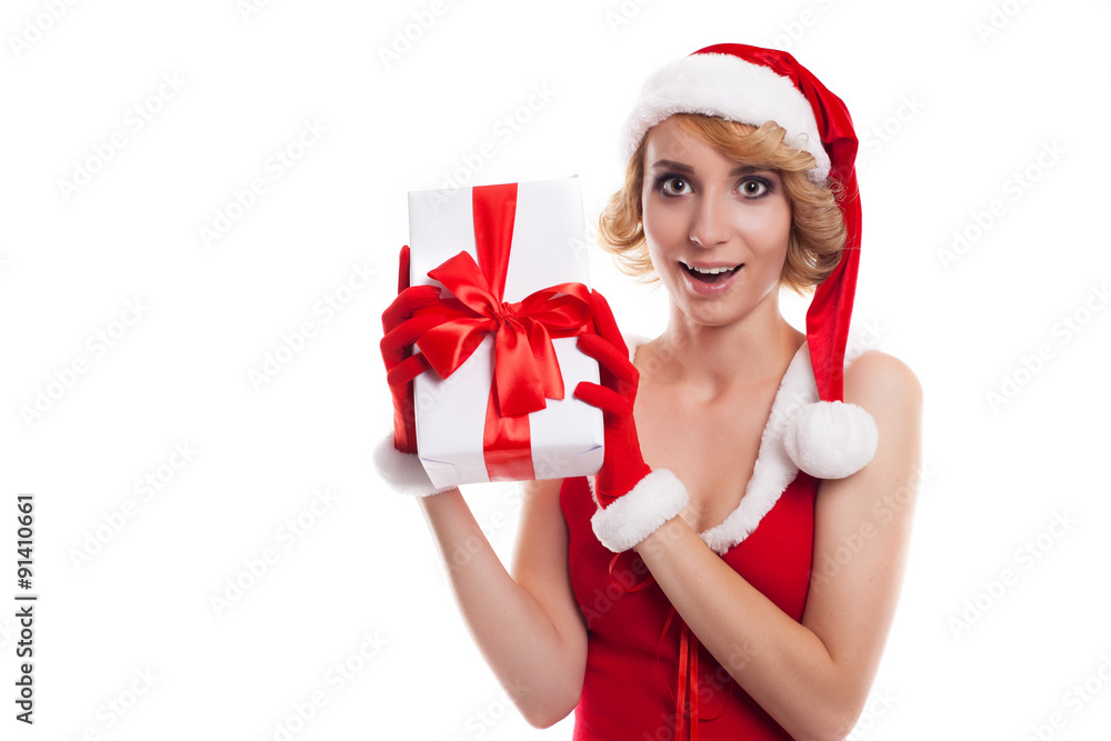 Picture of cheerful santa helper blond girl with gift box Picture of cheerful santa helper blond girl with gift box