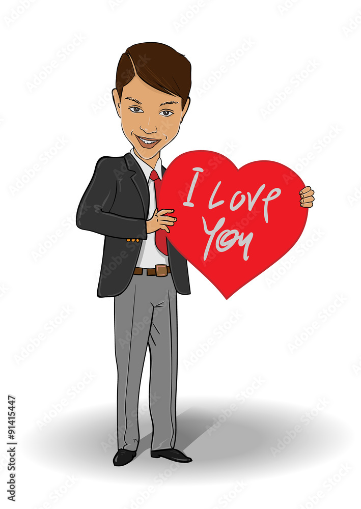 The guy with a red heart. Vector illustration of the glamour boy giving a red heart with love. The red heart is intended for a custom text. Great gift. The guy with a red heart. Vector illustration of the glamour boy giving a red heart with love. The red heart is intended for a custom text. Great gift.