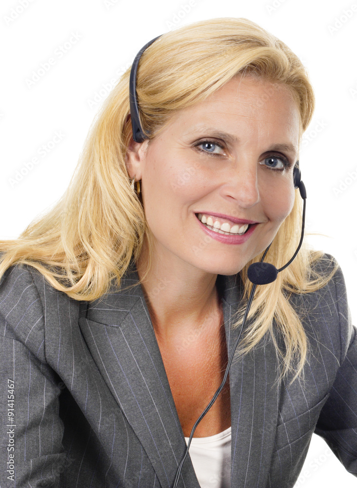 Woman with Headset and Laptop Smiles at Camera Woman with Headset and Laptop Smiles at Camera