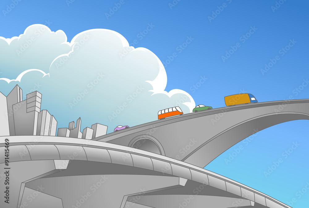 Road junctions in the mega city. Vector illustration of  road junctions (intersections), sharp turns and level changes in the city, with skyscrapers, clouds and a blue sky in the background. 