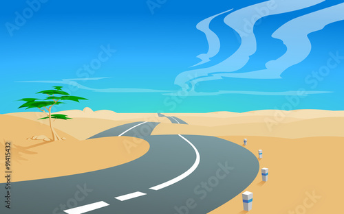 Asphalt road. Vector illustration of a road, aiming for a horizon in the deserted  landscape, with a blue sky and clouds in the background. Empty space leaves room for design elements or text.