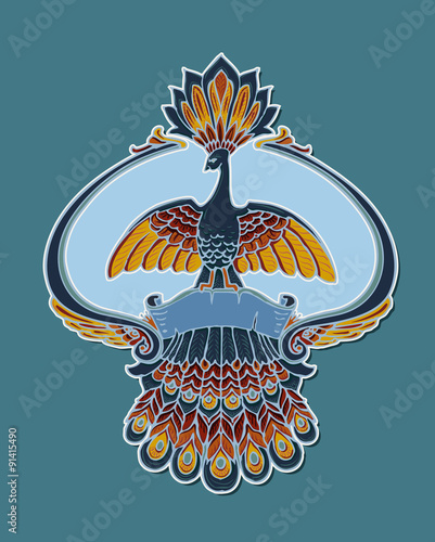 Vector emblems or icons of a peacock. Peacock, logos, icons, design element for common enterprise with the shape of a peacock. The empty plate is  intended for a custom text.