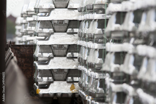 Canvas Print Close up of aluminum ingots on a cargo train