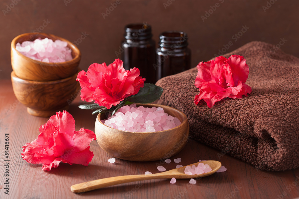 spa aromatherapy with azalea flowers and herbal salt on rustic d spa aromatherapy with azalea flowers and herbal salt on rustic d