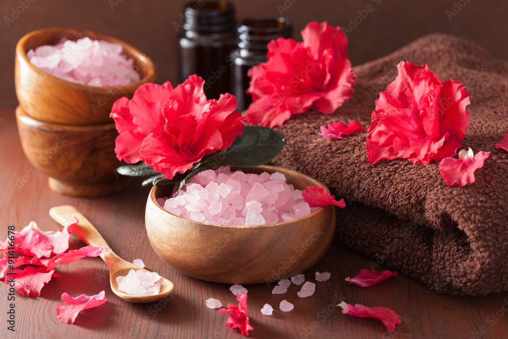 spa aromatherapy with azalea flowers and herbal salt on rustic d spa aromatherapy with azalea flowers and herbal salt on rustic d