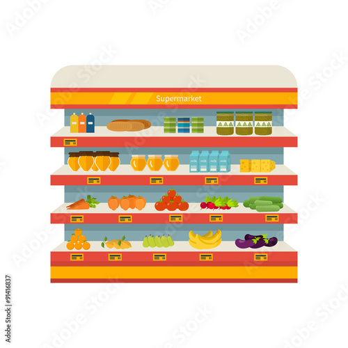 Shop, supermarket interior shelf with fruits, vegetables, milk