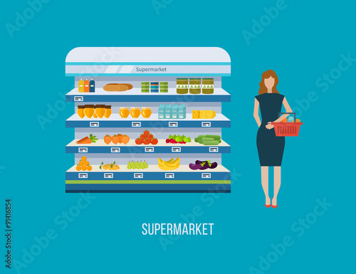 Shop, supermarket interior shelf with fruits, vegetables, milk